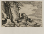 Küstenlandschaft mit Felsen und zwei Figuren links im Vordergrund