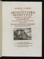 Buchtitel: "Verschiedene Werke der Architektur, Ansichten, Grotesken, Altertümer" mit Vignette von Giovanni Battista Piranesi