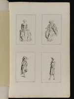 Oben: Sitzende Frau mit Hut; Sitzender Mann mit Schreibfeder in der rechten Hand; unten: Mann mit großem Hut; Mann mit Hut, die Hände hinter dem Rücken