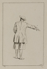 Mann mit Hut in Rückansicht, den rechten Arm ausgestreckt