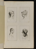 Oben: Büste einer Frau im Viertelprofil nach rechts; Büste einer Frau im Profil nach links; unten: Büste einer Frau mit Perlenkette im Profil nach rechts; Büste eines Mädchens mit Hut