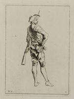Soldat mit Gewehr unter dem linken Arm im Profil nach rechts