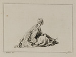 Auf dem Boden sitzende Frau im Profil nach rechts
