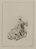 Auf dem Boden sitzende Frau in Rückansicht, den rechten Arm erhoben