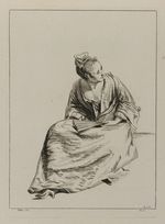 Sitzende junge Frau mit geschlossenem Fächer, nach rechts schauend