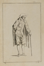 Mann mit Hut, die linke Hand auf einen Spazierstock gestützt