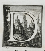 Initiale D mit Stadtmauer und Kirchtürmen