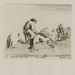 Bauer, der sein Pferd in einem Fluss tränkt