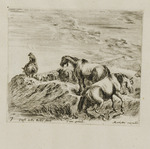 Zwei Pferde erklimmen einen Hügel hinter einer Schafherde mit Hirte