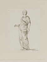 Frau in antikischer Gewandung mit Zweig und Schriftrolle in den Händen