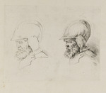 Zwei Köpfe eines Soldaten mit Helm im Profil nach links