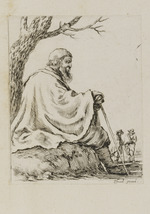 Unter einem Baum sitzender alter Mann im Profil nach rechts