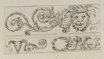 Drei Friesfragmente in zwei Registern mit Blattwerk, groteskem Kopf, Widderschädel und geflügeltem Mischwesen
