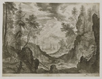 Bewaldetes Felsental mit Fluss und zwei Personen mit Hund links im Vordergrund