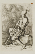 Sitzender Soldat mit Stab im Profil nach links