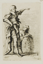 Stehender Soldat mit erhobenem Arm und sitzender Soldat mit Schild