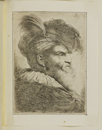 Kopf eines bärtigen Mannes mit Pelzkappe und Federschmuck im Profil nach rechts