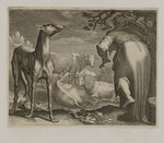 Zwei Melkerinnen mit Kühen und Hund
