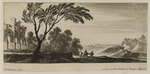 Landschaft mit Triumphbogen, drei Personen und einem Baum im Vordergrund
