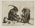 Zwei Affen, der linke vor einer Feuerschale sitzend, der rechte rauchend
