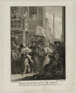 Ein Mob zieht durch die Straßen von Paris, angeführt von der Zwietracht, links eine Frau, die ein Lamm und das Buch der sieben Siegel beschützt