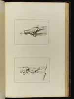 Oben: Stehende Frau, im Profil nach links; unten: Stehender Mann mit Hut und Stock