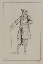 Mann mit Hut und Stock im Profil nach links
