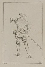 Mann mit Hut und langem Stab in Rückansicht