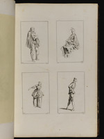 Oben: Langhaariger Mann mit Hut und Stock; Sitzende Frau, im Dreiviertelprofil nach links; unten: Junge Frau mit vorgebeugtem Oberkörper; Mann im Profil nach links, den Kopf abgewandt