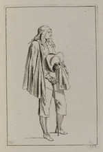 Langhaariger Mann mit Hut und Stock im Profil nach rechts