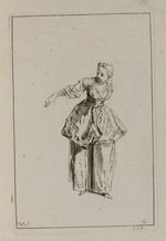 Junge Frau mit vorgebeugtem Oberkörper und ausgestrecktem rechten Arm