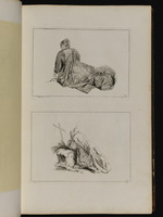 Oben: Auf dem Boden sitzende Frau mit gestreiftem Kleid in Rückansicht; unten: Vor einem Kreuz betender Mönch
