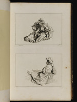 Oben: Auf dem Boden sitzende Frau mit Schleier über dem Kopf; unten: Auf dem Boden sitzendes Kind im Profil nach links