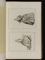 Oben: Stehende Frau in Rückansicht, die linke Hand erhoben; unten: Sitzende Savoyardin mit Schüssel, im Profil nach rechts