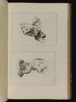 Oben: Büste eines jungen Mannes mit Hut im Viertelprofil nach links; unten: Büste einer Frau mit Hut im Profil nach links