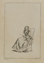 Auf einem Stuhl sitzende Frau mit Schleier und geschlossenem Fächer in den Händen