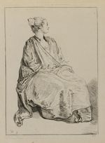 Sitzende junge Frau, der Kopf im Profil nach rechts