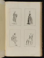 Oben: Stehender Mann mit Hut und Umhang; Stehende junge Frau im Profil nach links; unten: Sitzender Mann mit Hut unter dem rechten Arm; Auf einem Stuhl sitzende junge Frau mit Hut