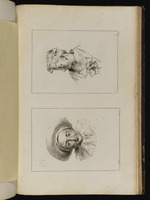 Oben: Büste einer Frau im Profil nach links; unten: Kopf Pierrots