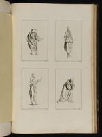 Oben: Mann mit großem Hut und weitem Gewand in Rückansicht; Mann mit Klistier; Mann mit Klistier in der linken Hand; Figur mit Hut und weitem Gewand, nach vorn gebeugt stehend