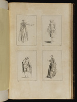 Oben: Frau mit Hut und ausgestrecktem rechten Arm in Rückansicht; Stehender Mann mit Hut; unten: Mann mit Hut, die linke Hand auf einen Spazierstock gestützt; Frau in Rückansicht