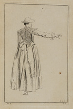 Frau mit Hut und ausgestrecktem rechten Arm in Rückansicht
