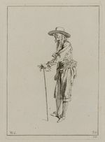 Stehender Mann mit Hut und Stock im Profil nach links