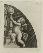 Kreissegment mit Putto, mit dem rechten Bein auf dem Postament eines Leuchters sitzend und diesen anschauend