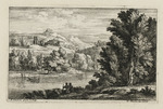 Landschaft mit Gewässer und Burg im Hintergrund