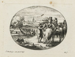 Feldherr zu Pferde mit Heereslager und Belagerung einer Stadt im Hintergrund