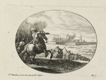 Feldherr zu Pferde und Angriff auf eine Stadt im Hintergrund