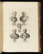 Fünf Büsten, darunter Hadrian, Vespasian und ein Bacchant