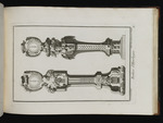 Zwei Standuhren mit Lorbeer und Hermenköpfen, die Jahreszeiten darstellend, verziert, Blatt aus der Folge Z
