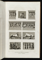 oben: Fragmente einer Sphinx und eines Frieses; unten: Zwei Sphinxen und Bacchanten-Reliefs